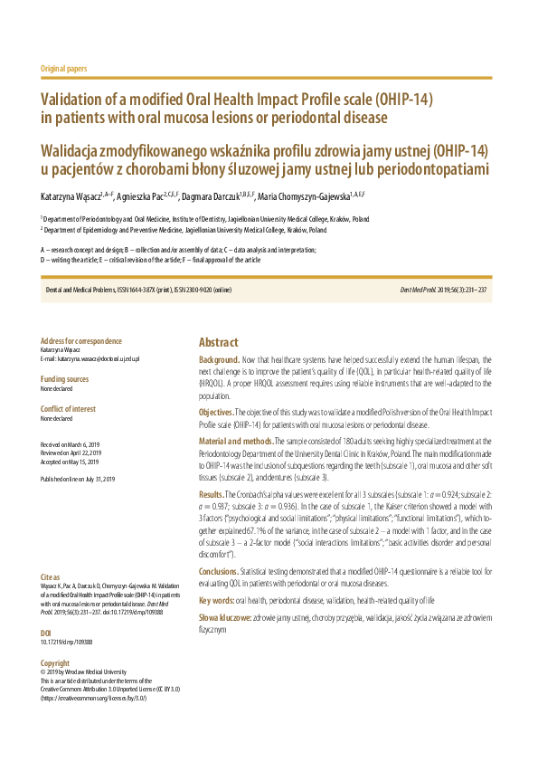 (PDF) Validation of a modified Oral Health Impact Profile scale (OHIP ...