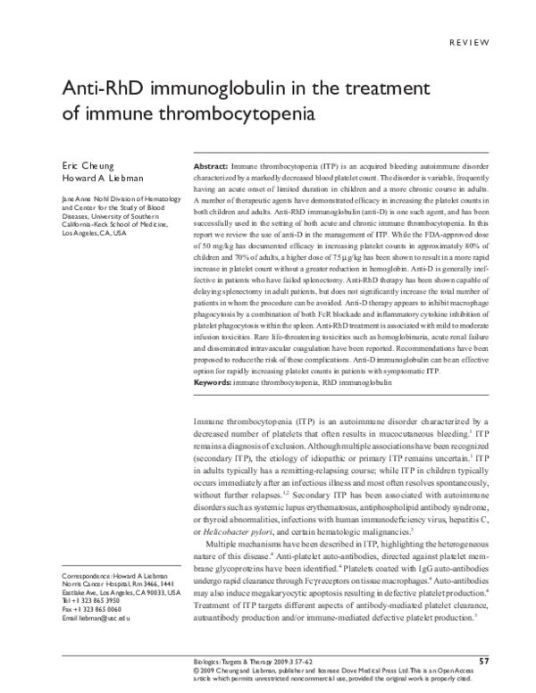 (PDF) Anti-RhD immunoglobulin in the treatment of immune thrombocytopenia