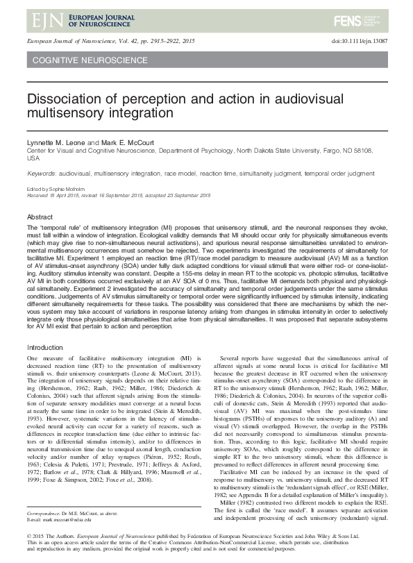 (PDF) Dissociation of Perception and Action in Audiovisual Multisensory ...