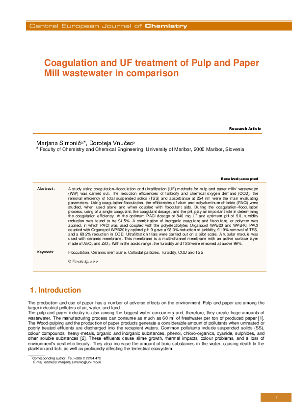 (PDF) Coagulation and UF treatment of pulp and paper mill wastewater in ...