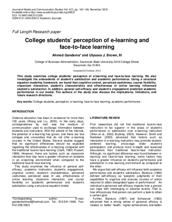 (PDF) College students perception of e-learning and face-to-face learning