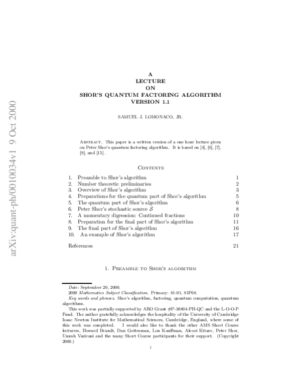 (PDF) A Lecture on Shor's Quantum Factoring Algorithm Version 1.1