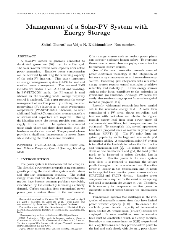 (PDF) Management of a Solar-PV System with Energy Storage