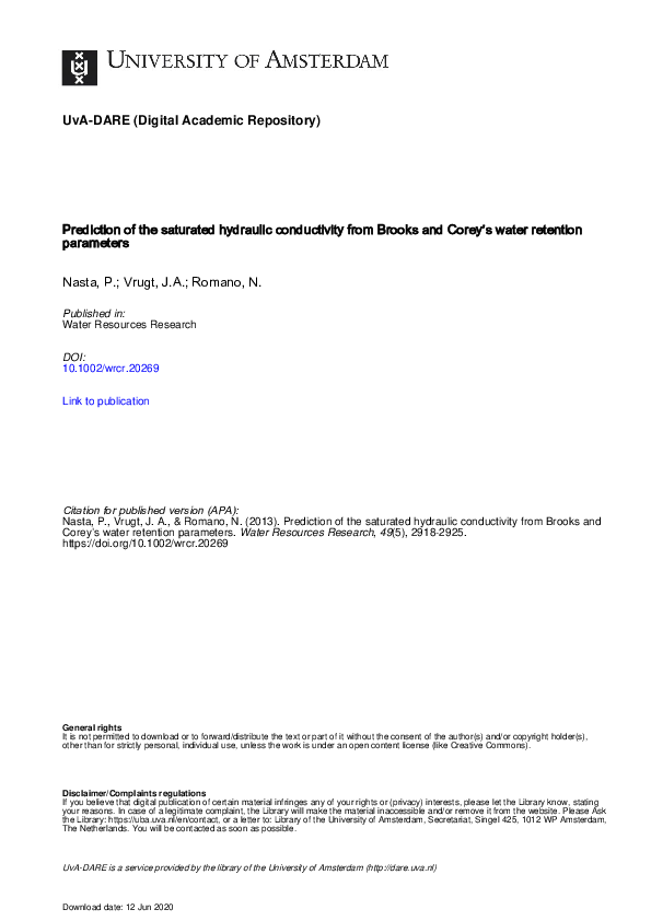 (PDF) Prediction of the saturated hydraulic conductivity from Brooks ...