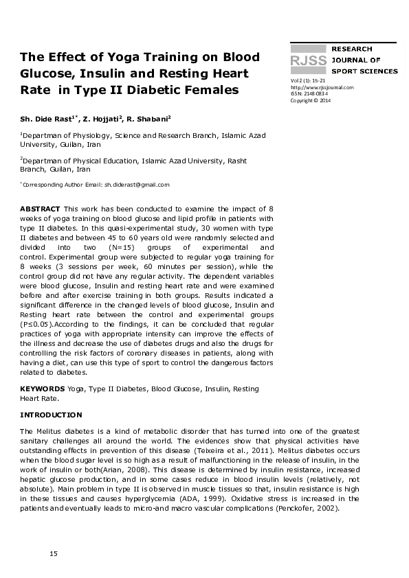 (PDF) The Effect of Yoga Training on Blood Glucose, Insulin and Resting ...