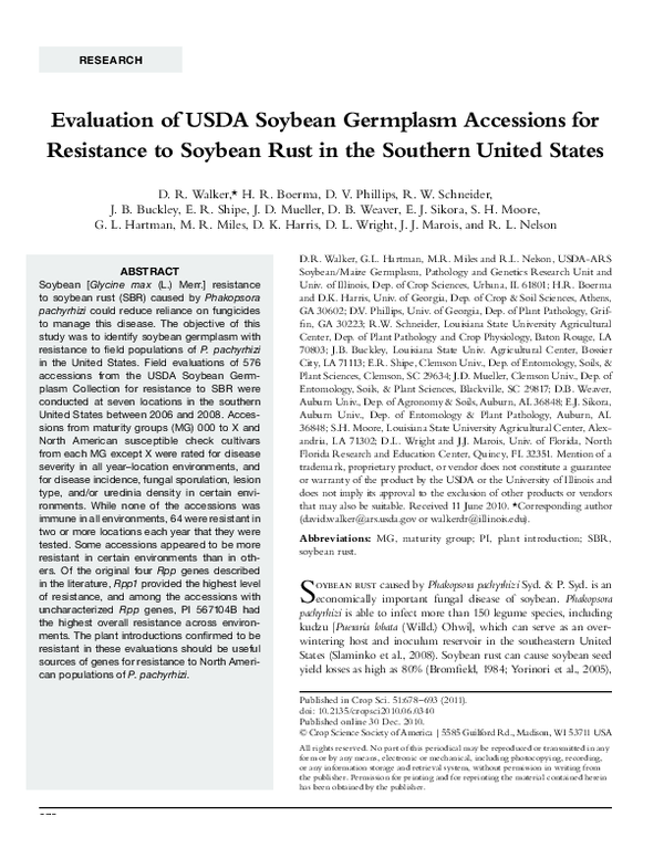 (PDF) Evaluation of USDA Soybean Germplasm Accessions for Resistance to ...