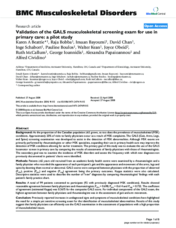 (PDF) Validation of the GALS musculoskeletal screening exam for use in ...