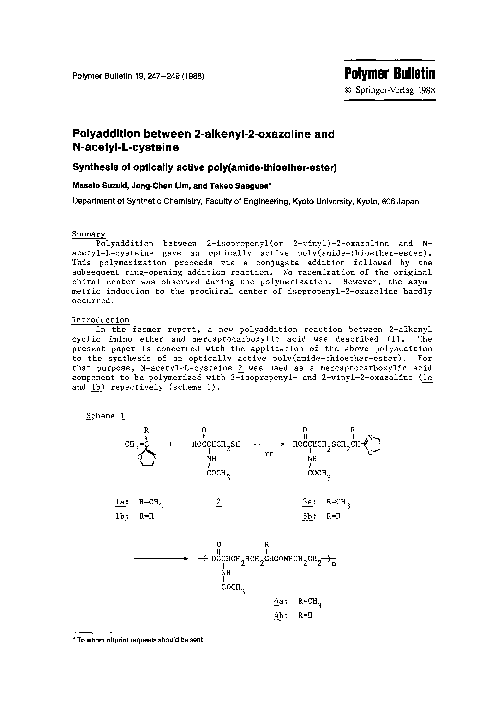 Polyaddition between 2-alkenyl-2-oxazoline and N-acetyl-L-cysteine. Synthesis of optically active poly(amide-thioetherester)