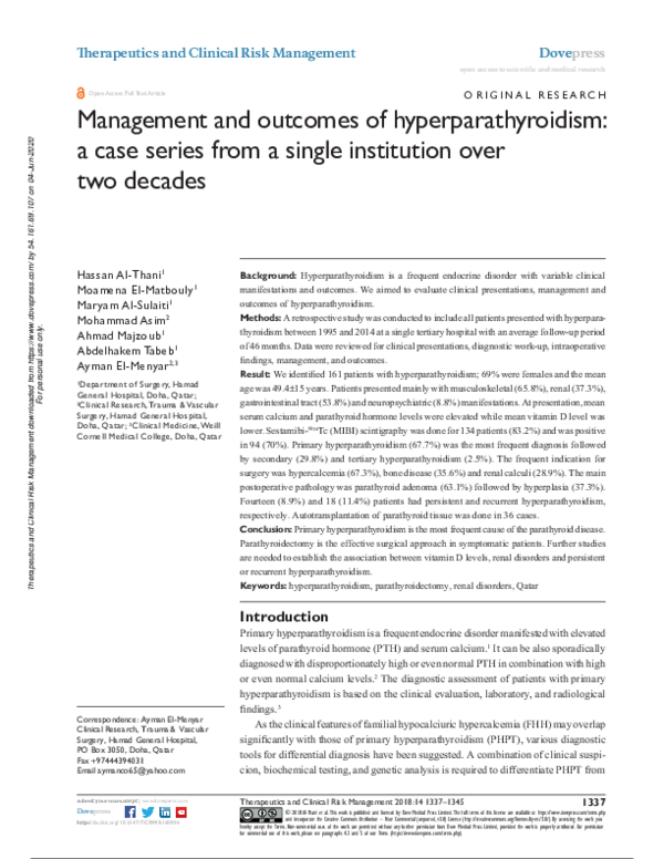 (PDF) Management and outcomes of hyperparathyroidism: a case series ...