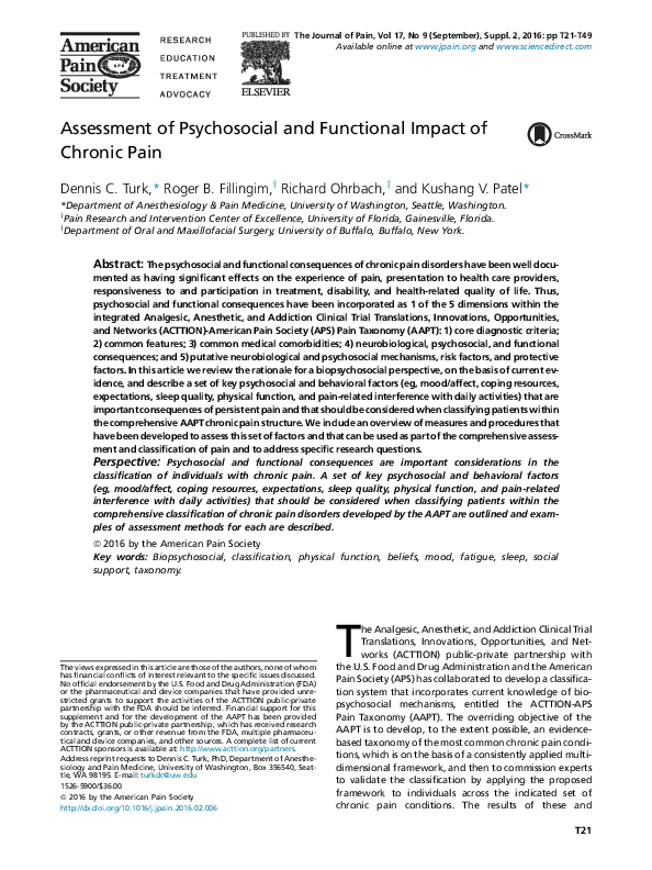 (PDF) Assessment of Psychosocial and Functional Impact of Chronic Pain