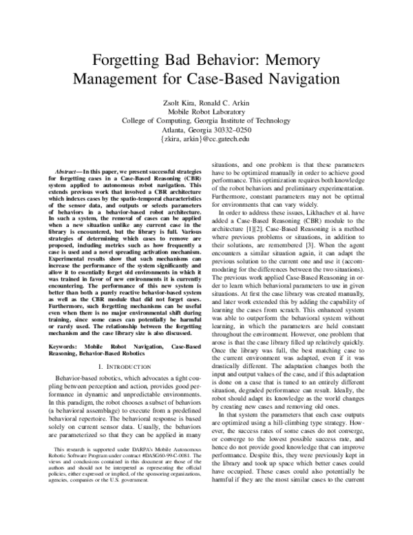 (PDF) Forgetting bad behavior: Memory management for case-based navigation