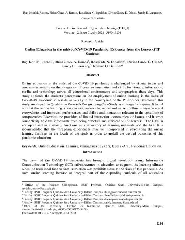 (PDF) Online Education in the midst of CoViD-19 Pandemic: Evidences ...