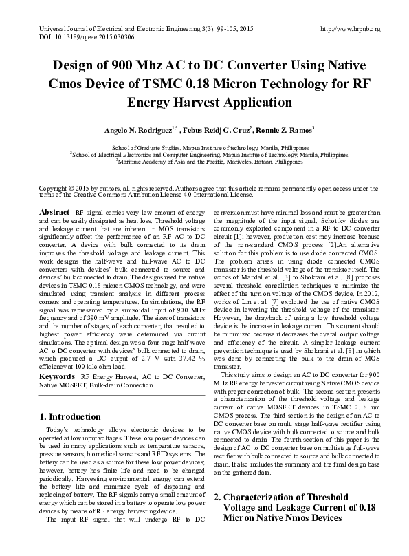 (PDF) Design of 900 Mhz AC to DC Converter Using Native Cmos Device of ...