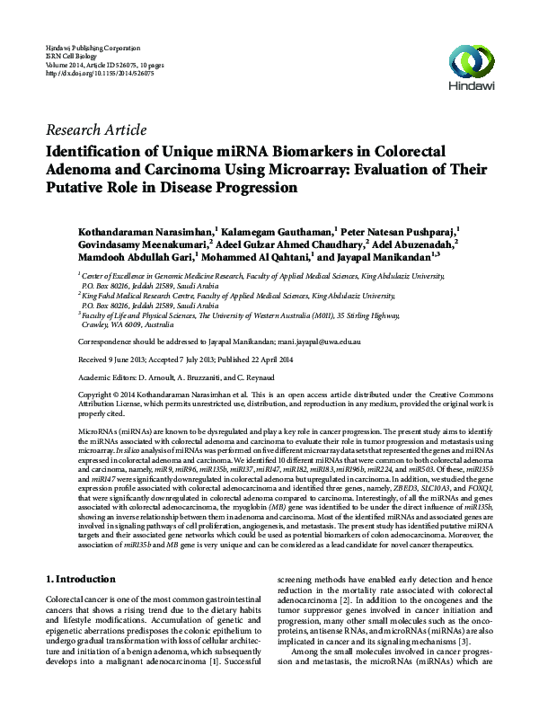 (PDF) Identification of Unique miRNA Biomarkers in Colorectal Adenoma ...
