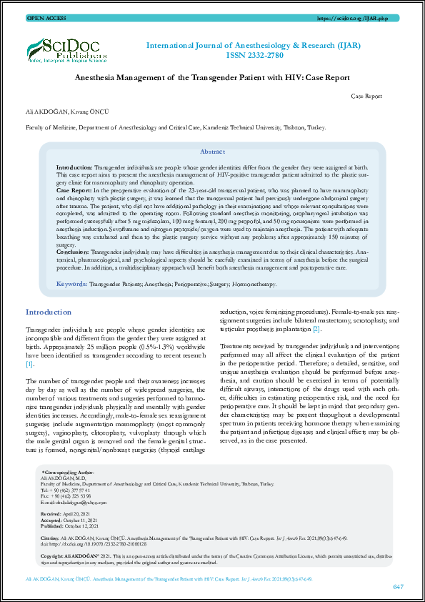 (PDF) Anesthesia Management of the Transgender Patient with HIV Case