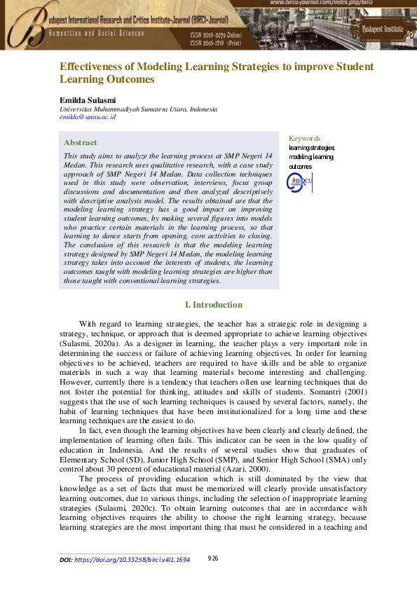 (PDF) Effectiveness of Modeling Learning Strategies to improve Student ...