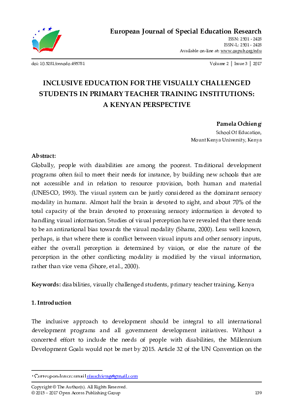 (PDF) Inclusive Education for the Visually Challenged Students in ...