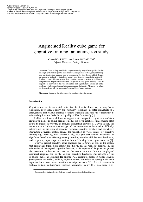 (PDF) Augmented reality cube game for cognitive training: an ...