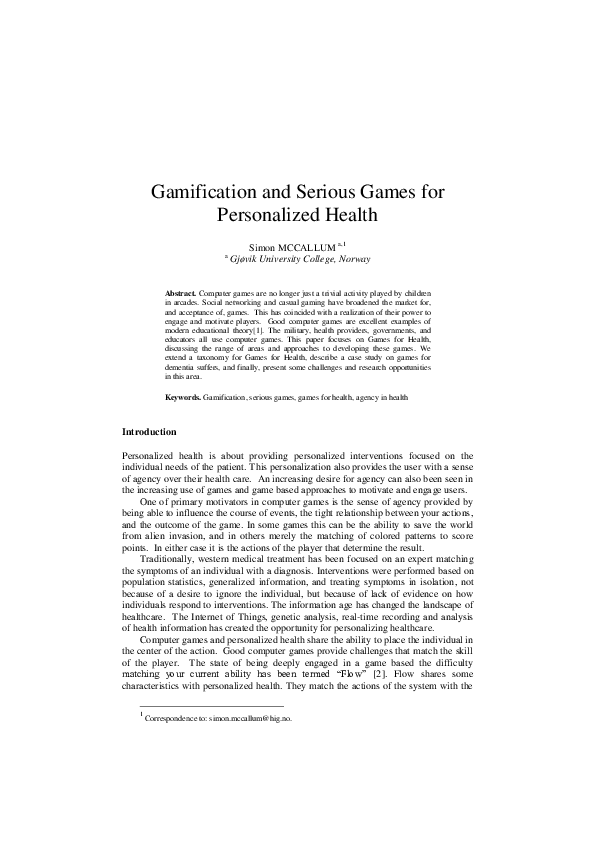 (PDF) Gamification and serious games for personalized health