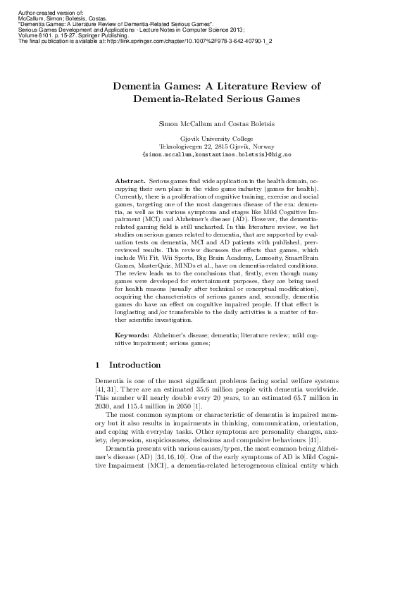 (PDF) Dementia Games: a literature review of dementia-related Serious Games