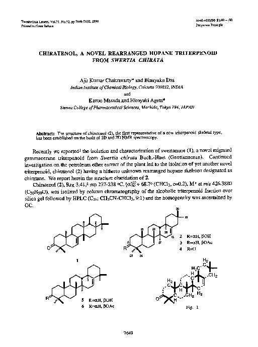(PDF) Chiratenol, a novel rearranged hopane triterpenoid from Swertia ...