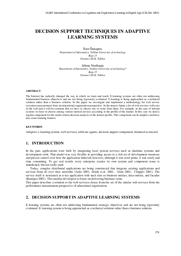 (PDF) Decision Support Techniques in Adaptive Learning Systems