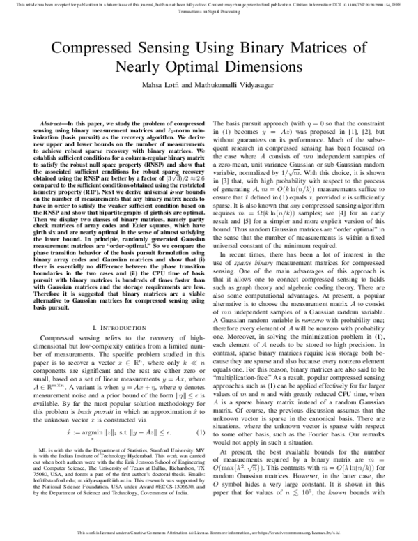 (PDF) Compressed Sensing Using Binary Matrices of Nearly Optimal Dimensions
