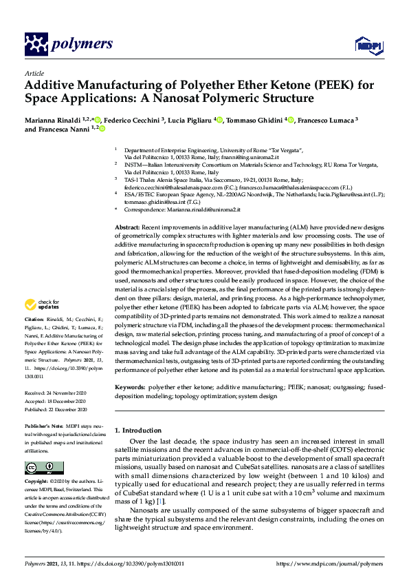 (PDF) Additive Manufacturing of Polyether Ether Ketone (PEEK) for Space ...