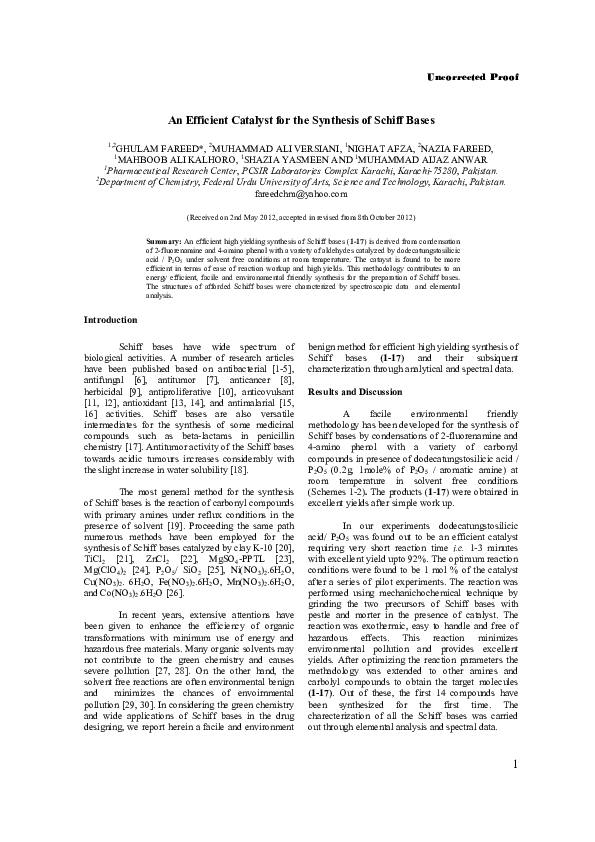 (PDF) An Efficient Catalyst for the Synthesis of Schiff Bases