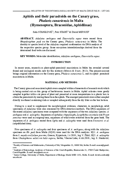 (PDF) Aphids and their parasitoids on the Canary grass, Phalaris ...