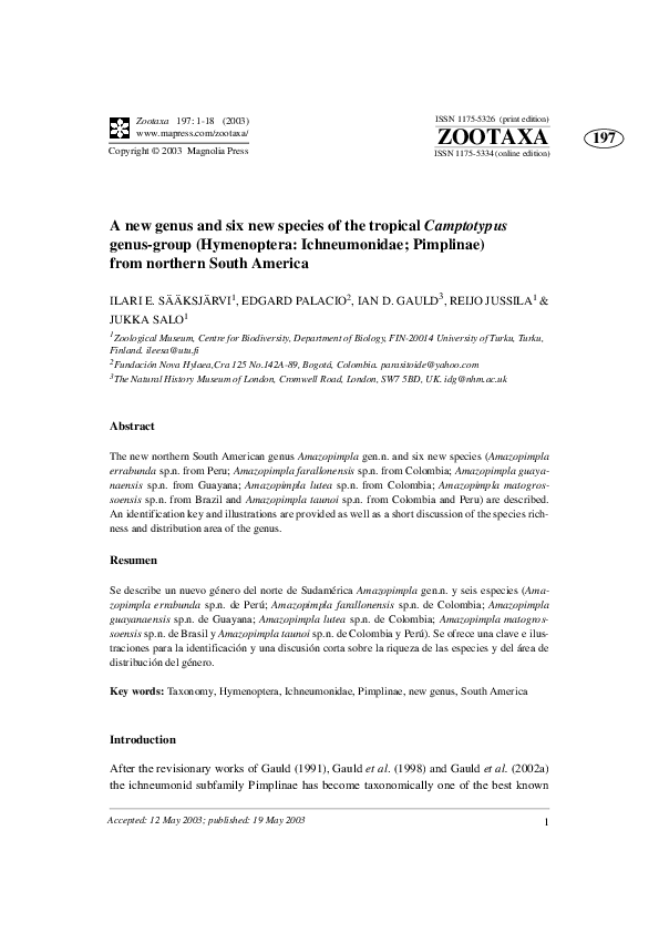 (PDF) A new genus and six new species of the tropical Camptotypus genus ...