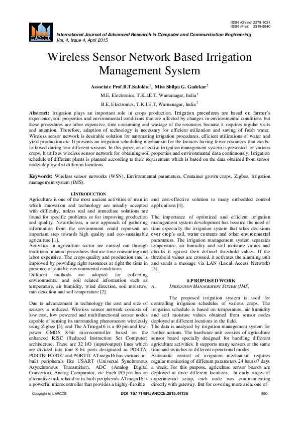 (PDF) Wireless Sensor Network Based Irrigation Management System for ...