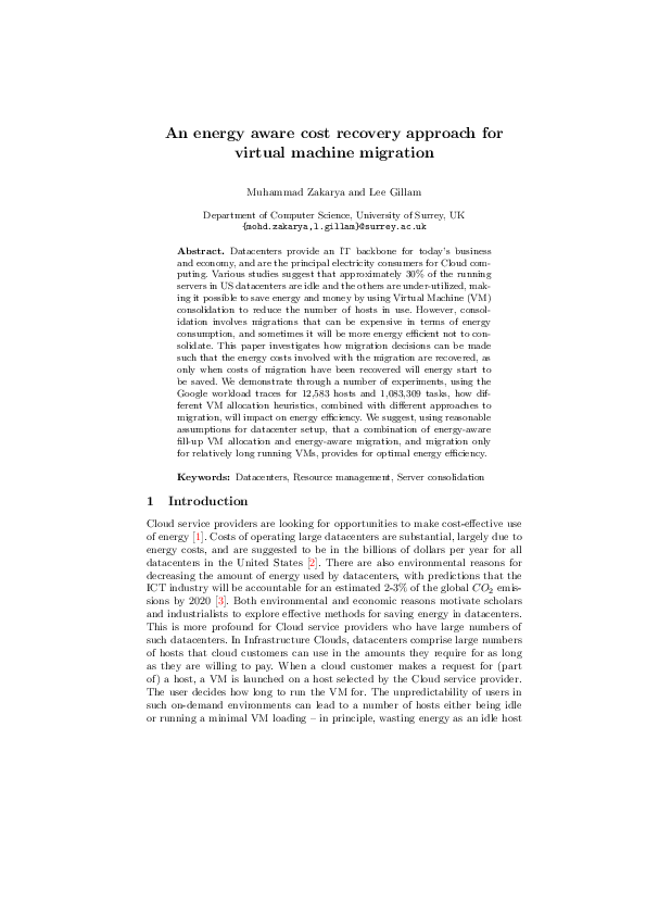 (PDF) An Energy Aware Cost Recovery Approach for Virtual Machine Migration