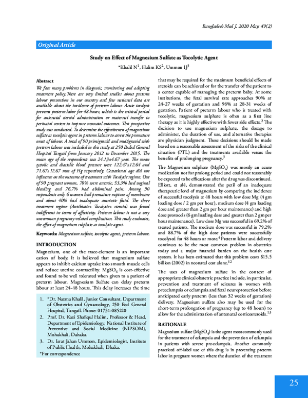 (PDF) Study on Effect of Magnesium Sulfate as Tocolytic Agent Kazi