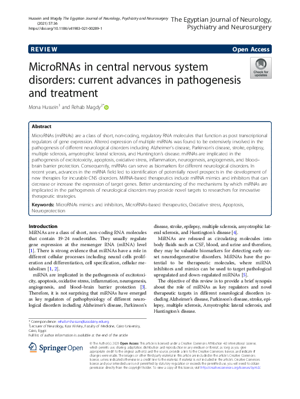 (PDF) MicroRNAs in central nervous system disorders: current advances ...