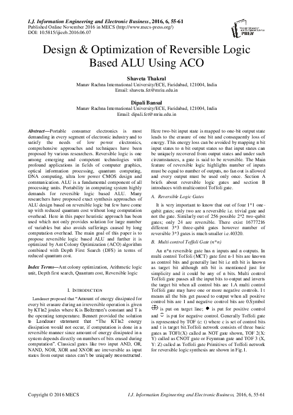 (PDF) Design & Optimization of Reversible Logic Based ALU Using ACO