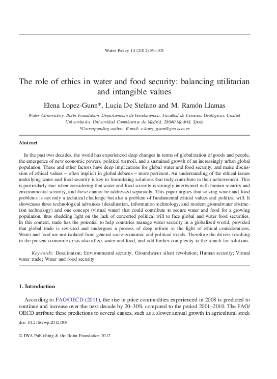 (PDF) The role of ethics in water and food security: balancing ...