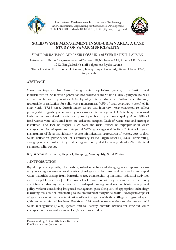 (PDF) Solid Waste Management in Sub-Urban Area: A Case Study on Savar ...