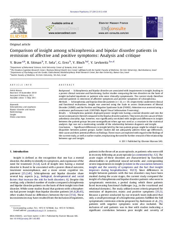 (PDF) Comparison of insight among schizophrenia and bipolar disorder ...