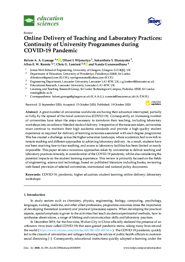 (PDF) Online Delivery of Teaching and Laboratory Practices: Continuity ...