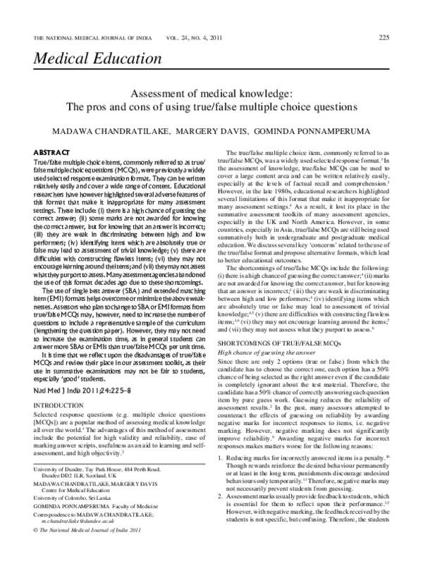 (PDF) Assessment of medical knowledge: the pros and cons of using true ...