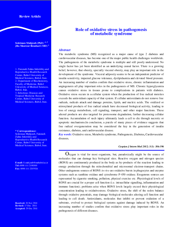 (PDF) Role of oxidative stress in pathogenesis of metabolic syndrome