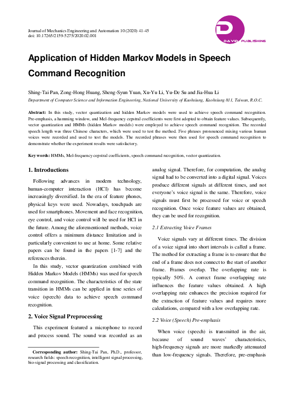 (PDF) Application of Hidden Markov Models in Speech Command Recognition