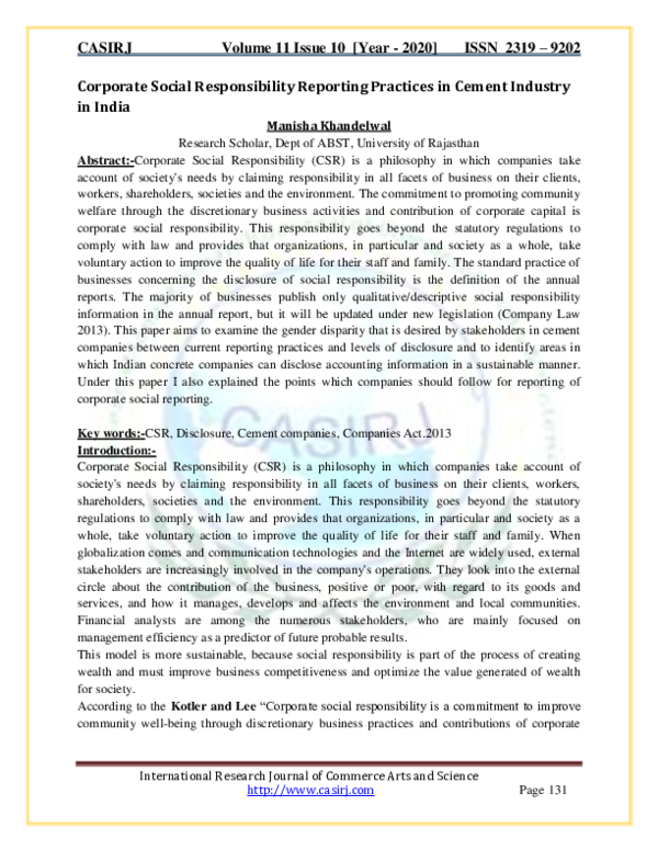 (PDF) Corporate Social Responsibility Reporting Practices in Cement ...