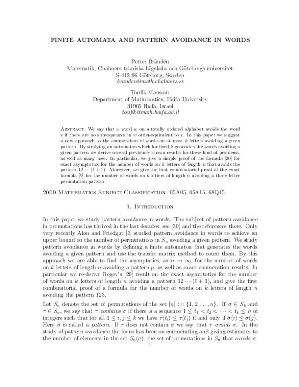 (PDF) Finite automata and pattern avoidance in words