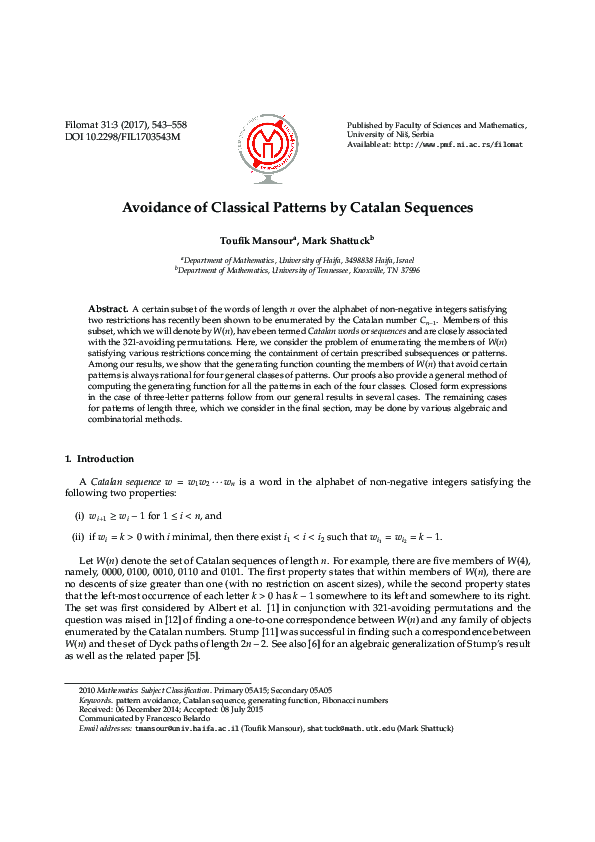 (PDF) Avoidance of classical patterns by Catalan sequences