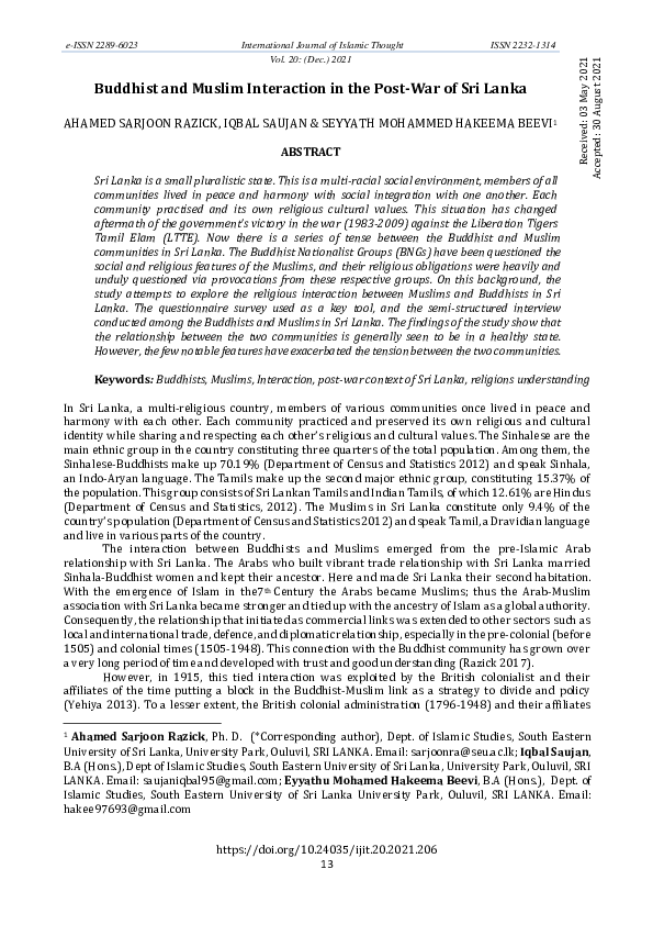 (PDF) Buddhist and Muslim Interaction in the Post-War of Sri Lanka