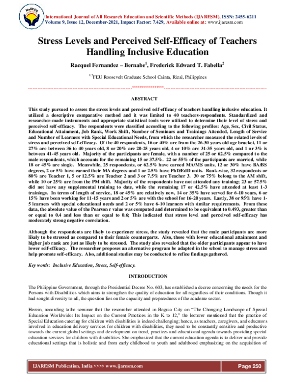 (PDF) Stress Levels and Perceived Self-Efficacy of Teachers Handling ...