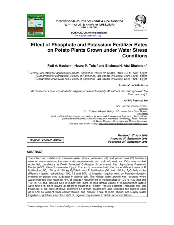 (PDF) Effect of Phosphate and Potassium Fertilizer Rates on Potato ...