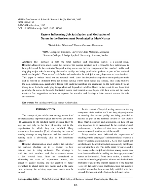 (PDF) Factors Influencing Job Satisfaction and Motivation of Nurses in ...